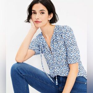LOFT Floral Puff Sleeve Tie Neck Top Size XSP